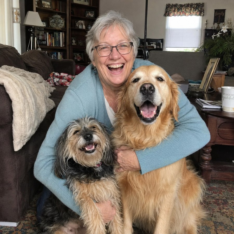 Linda K. with her two freshly groomed dogs